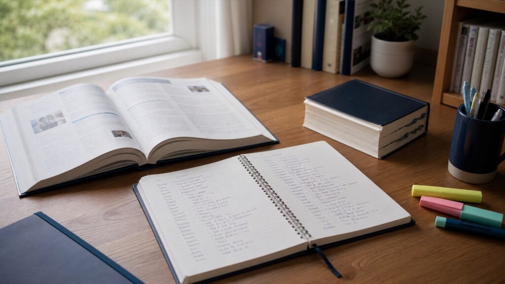 英語の教科書と英単語ノート、蛍光ペンのある学習机（人物なし）
