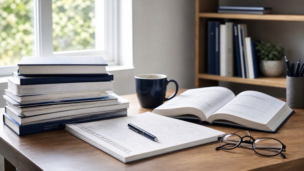 窓辺に積んだ参考書と開いたノート、眼鏡（人物なし）