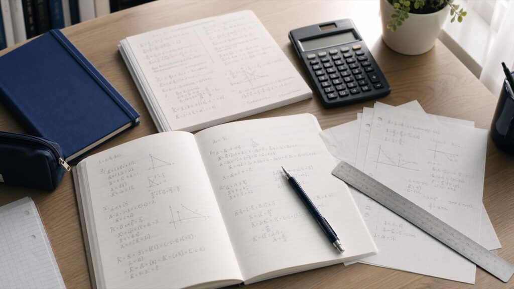 数学のノートと公式メモ、電卓、定規のある学習机（人物なし）