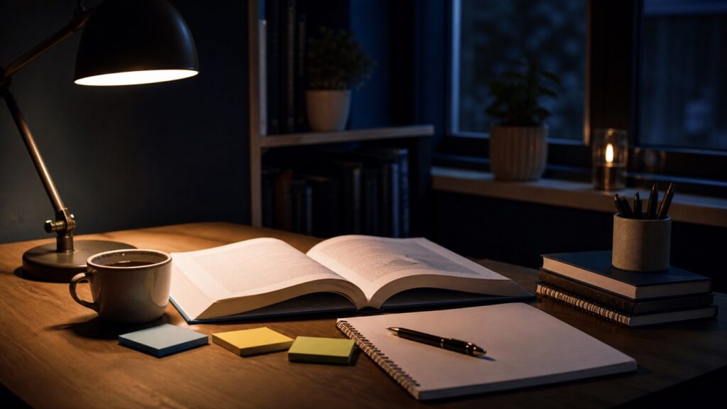 デスクライトに照らされた夜の学習机、開いた教科書とノート（人物なし）
