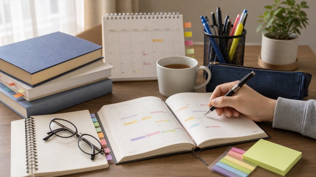 プランナーと参考書、眼鏡のある学習机（人物なし）