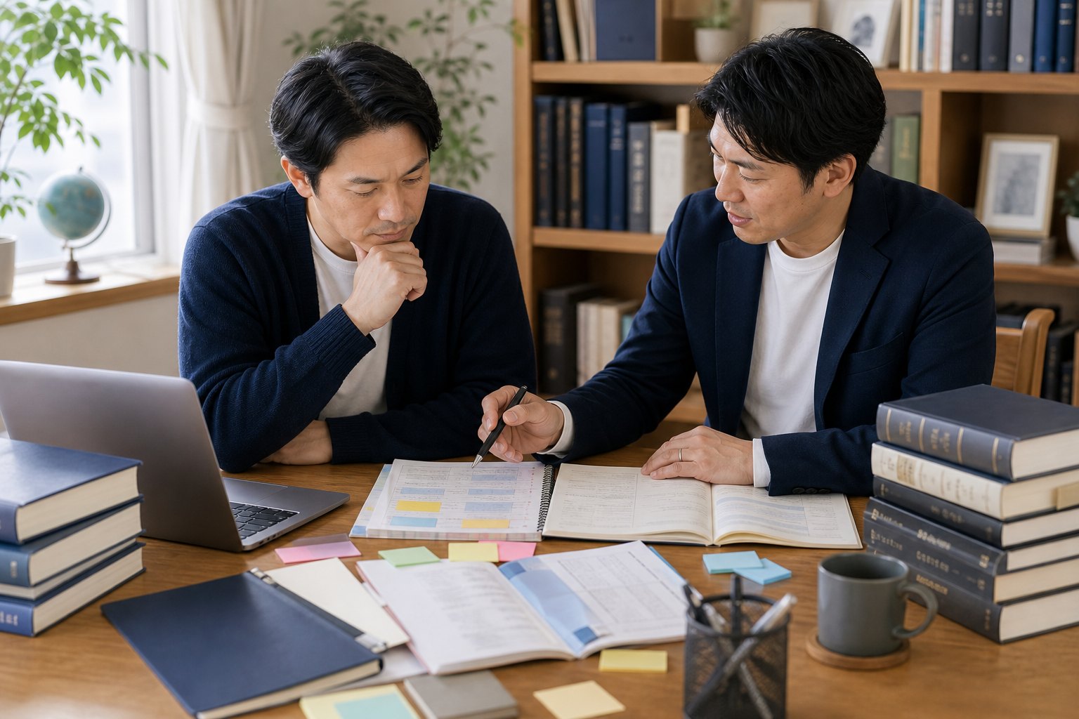 参考書や資料を広げ、資格試験の学習内容を確認し合う様子