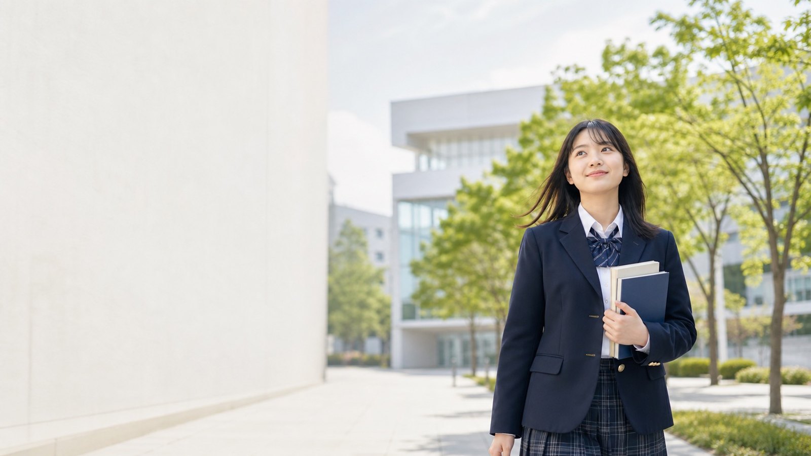 難関学部合格を目指し、書籍を抱えて大学キャンパスを歩く学生の様子