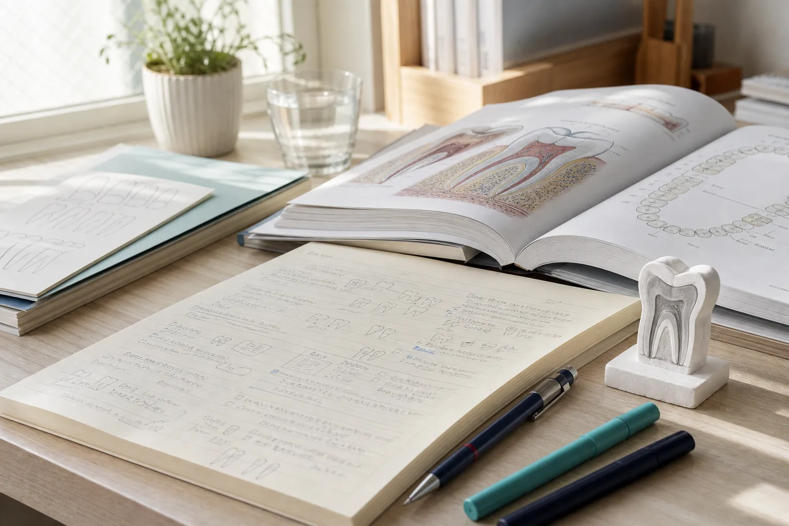 歯の断面図が載った歯学書と手書きの歯科ノート、歯の模型が並ぶ学習机(イメージ)