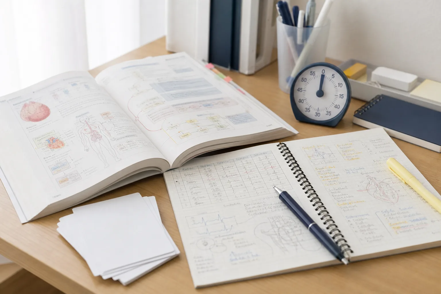循環器系の図解が載った看護学の教科書と心電図の書き込みがある学習ノートが並ぶ机(イメージ)