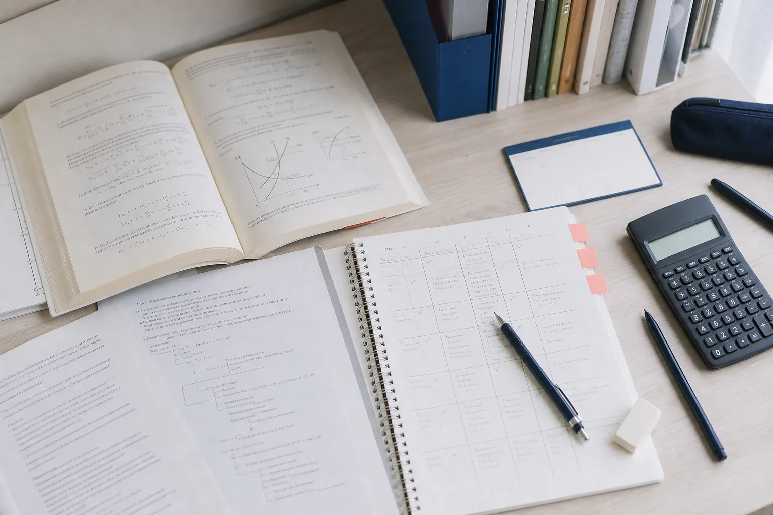 大学の講義で使う教科書とグラフの書き込みがある学習ノートが並ぶ机(イメージ)