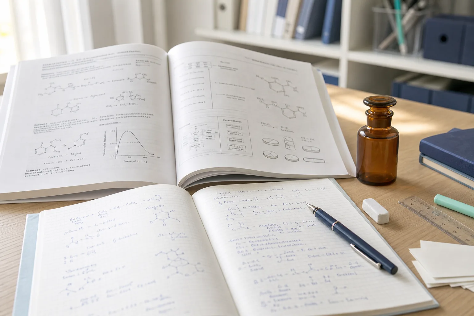 化学構造式が載った薬学の教科書と手書きの化学式ノートが並ぶ学習机(イメージ)