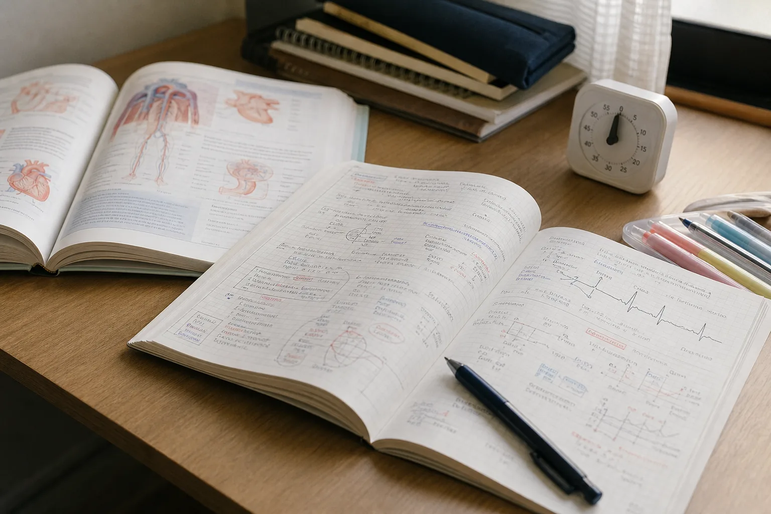 循環器系の図解が載った医学書と心電図の書き込みがある学習ノートが並ぶ机（イメージ）