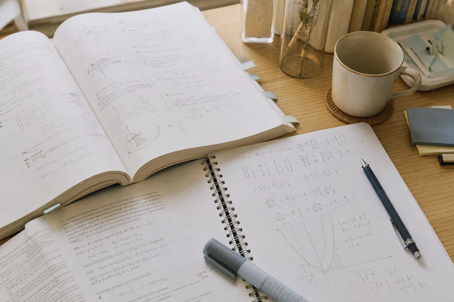 大学受験の数学教材と手書きの計算ノートが並ぶ学習机(イメージ)