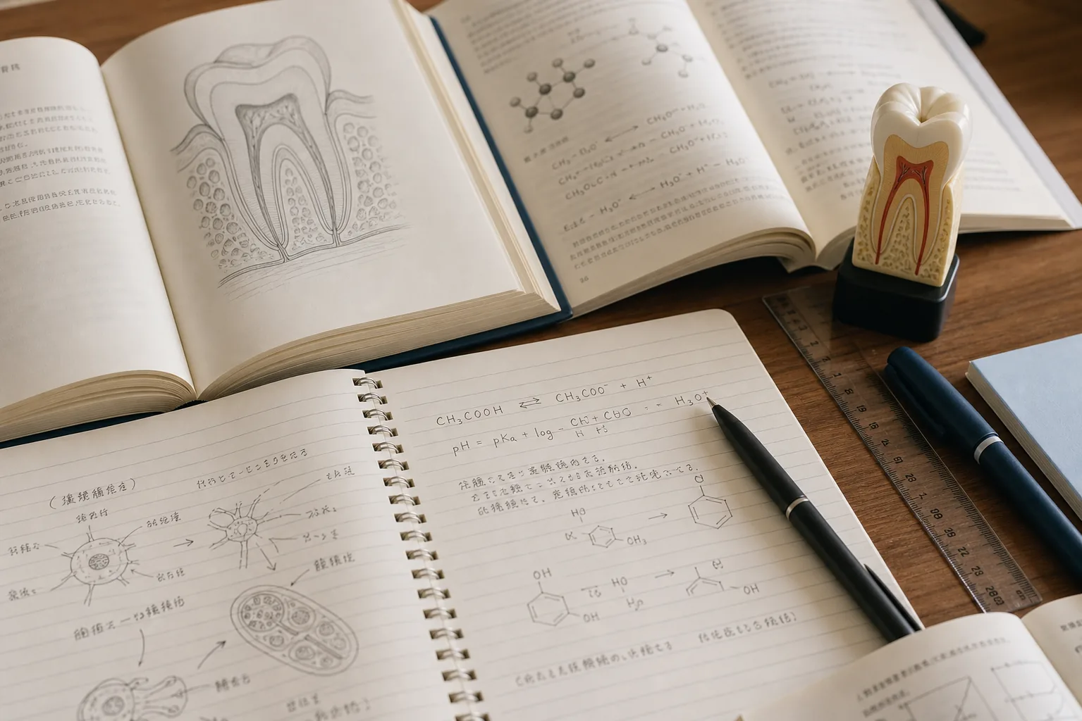 歯の断面図が載った教材と歯科分野の化学式ノート、歯の模型が並ぶ学習机(イメージ)