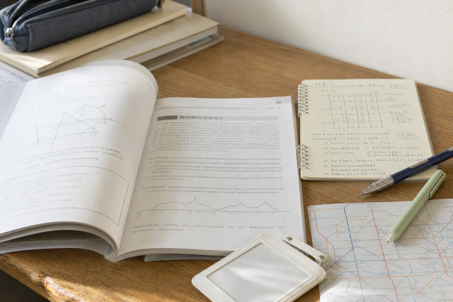 上京しての受験勉強の教材とノートが並ぶ学習机(イメージ写真)