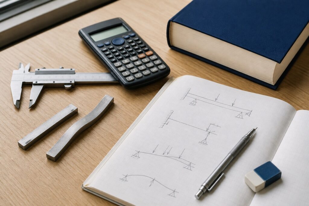 ノギスと金属の試験片、関数電卓、力学のノートが並ぶ理工系学生の学習机（人物なし）