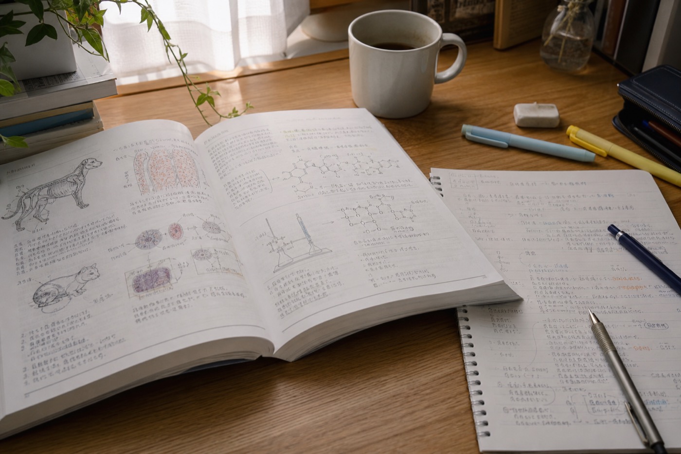 解剖図が載った獣医学の教科書と書き込みのある学習ノートが並ぶ机