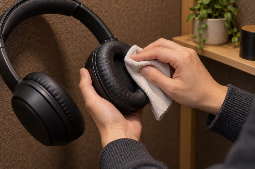 オンライン授業後にヘッドホンの耳当てを柔らかい布で拭く手元