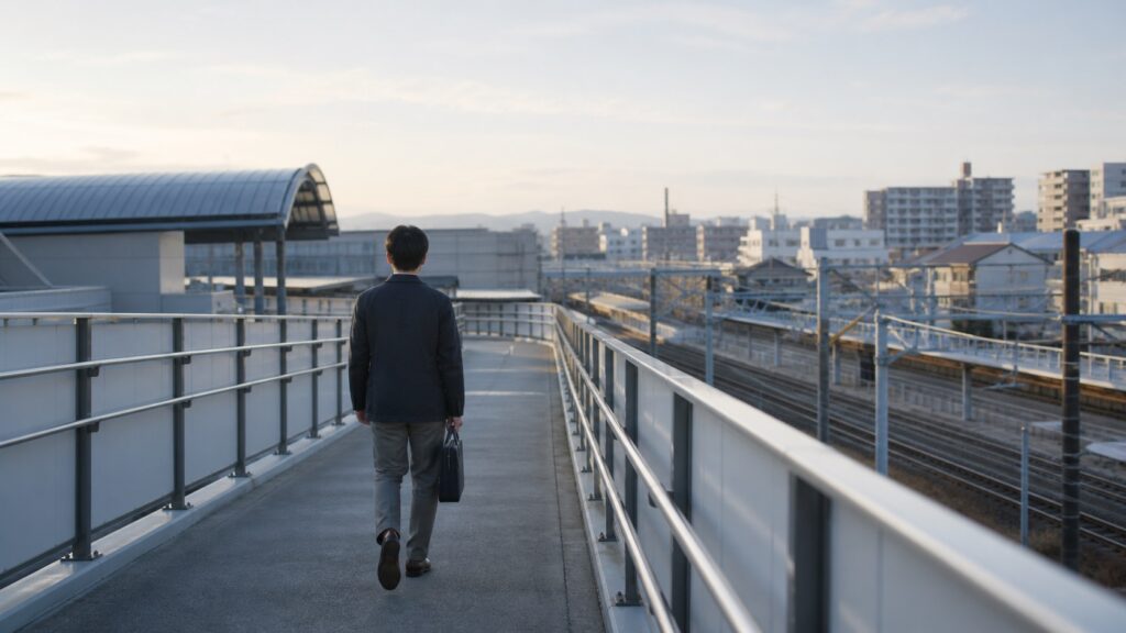 早朝の駅前歩道橋を教材ケースを持って渡る社会人