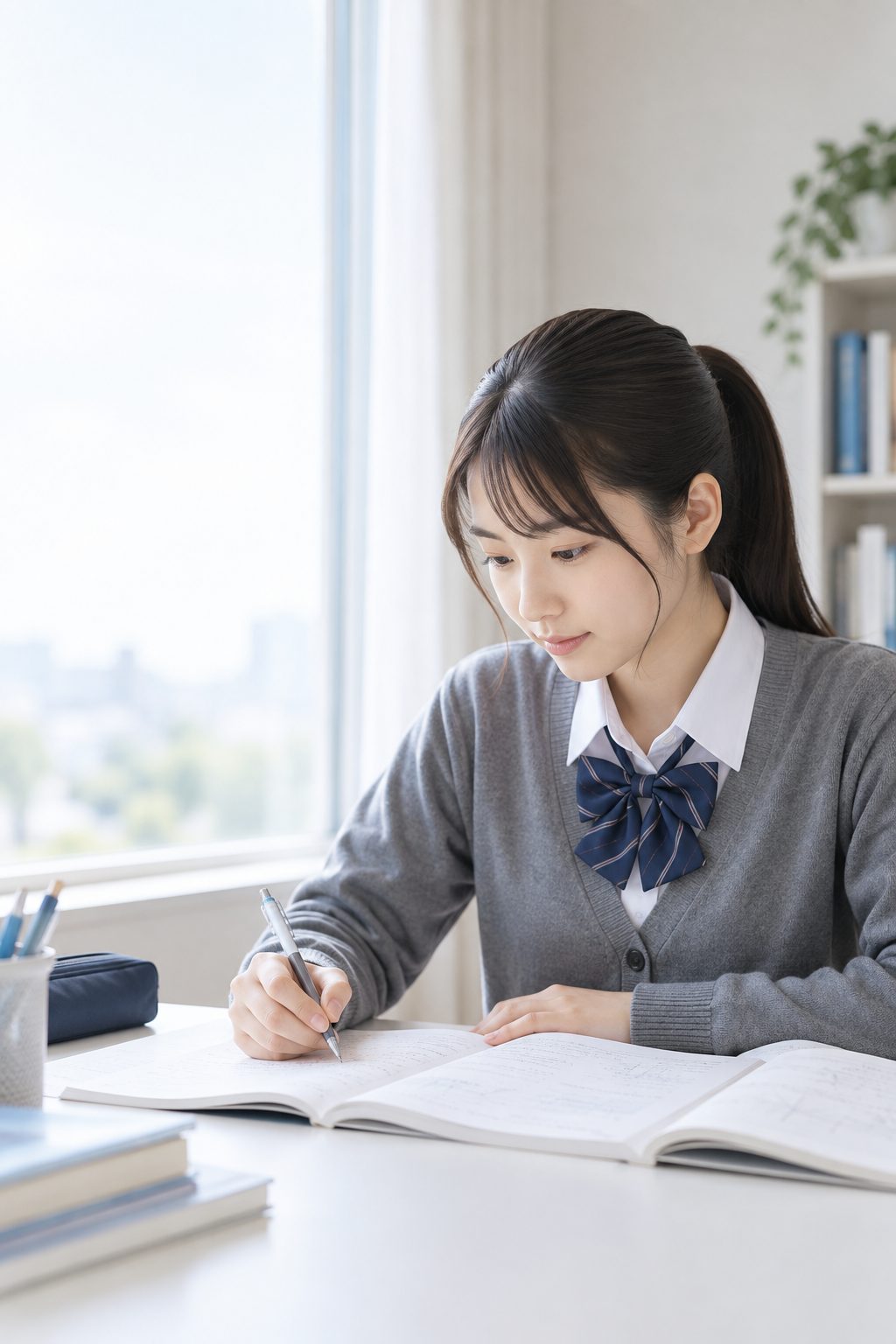 大きな窓のそばで難関大対策の数学に取り組む高校生