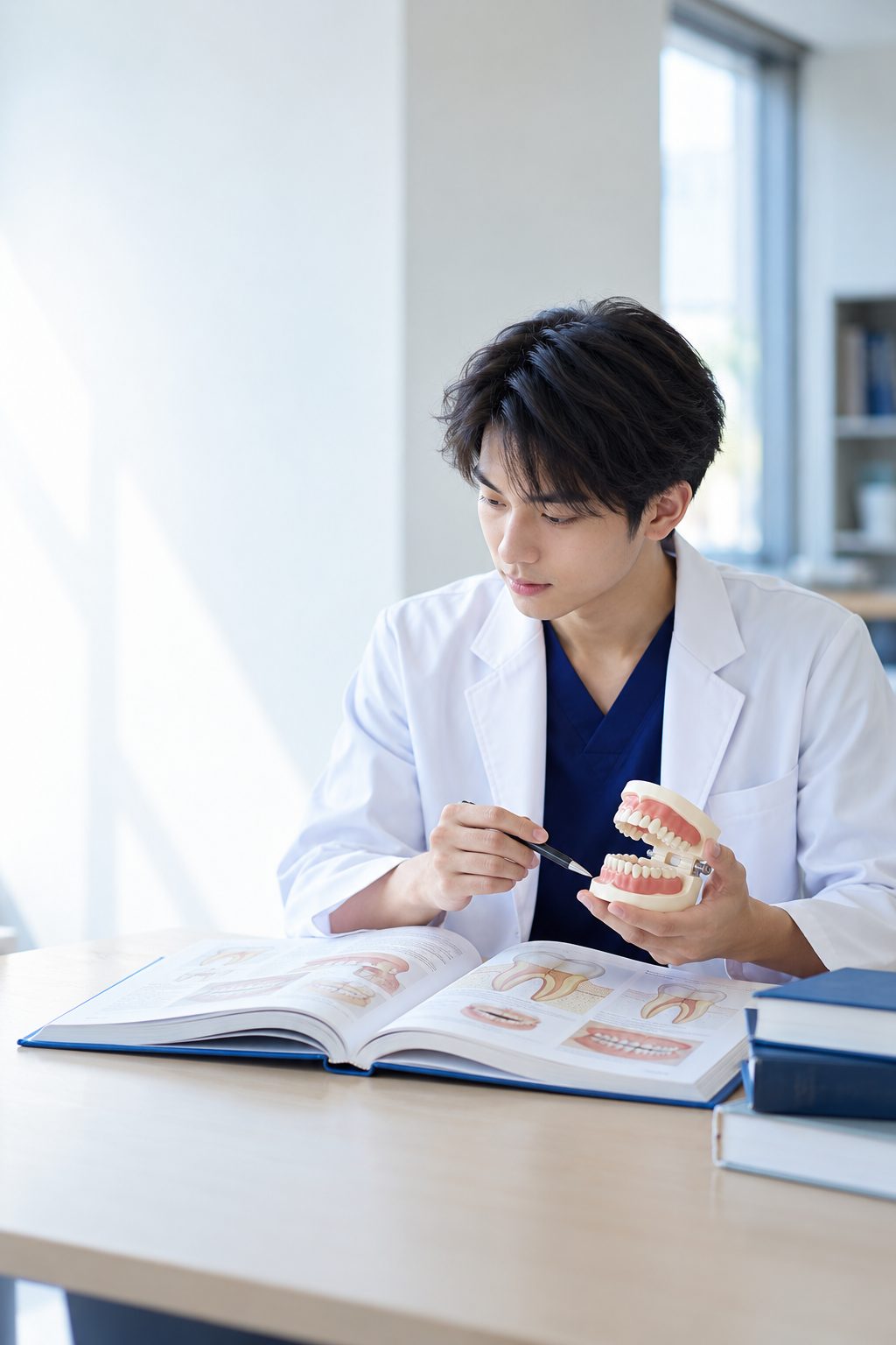 歯学の教科書と歯の模型を前に学習する歯学部生