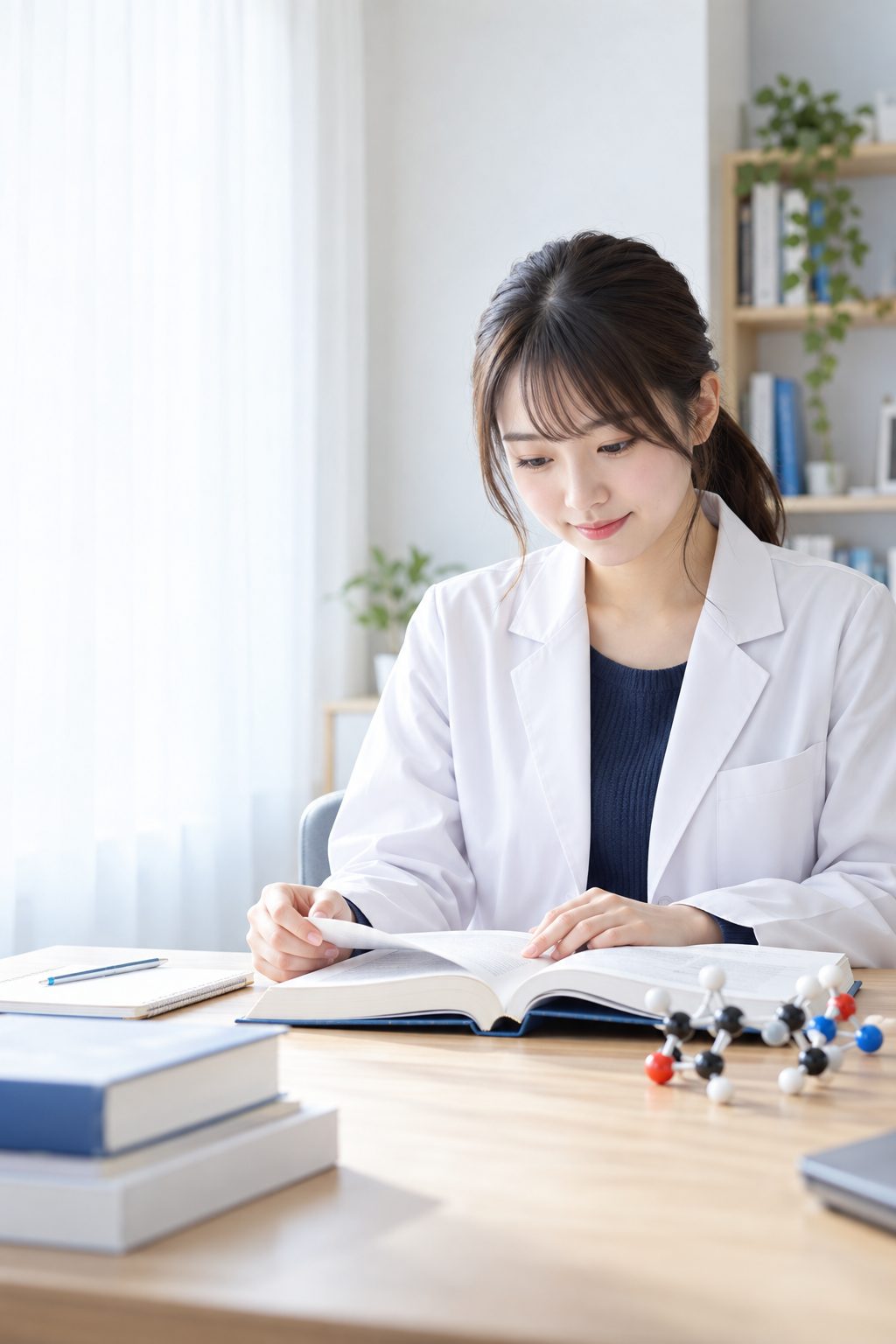 薬理学の教科書と分子模型を前に学習する薬学部生