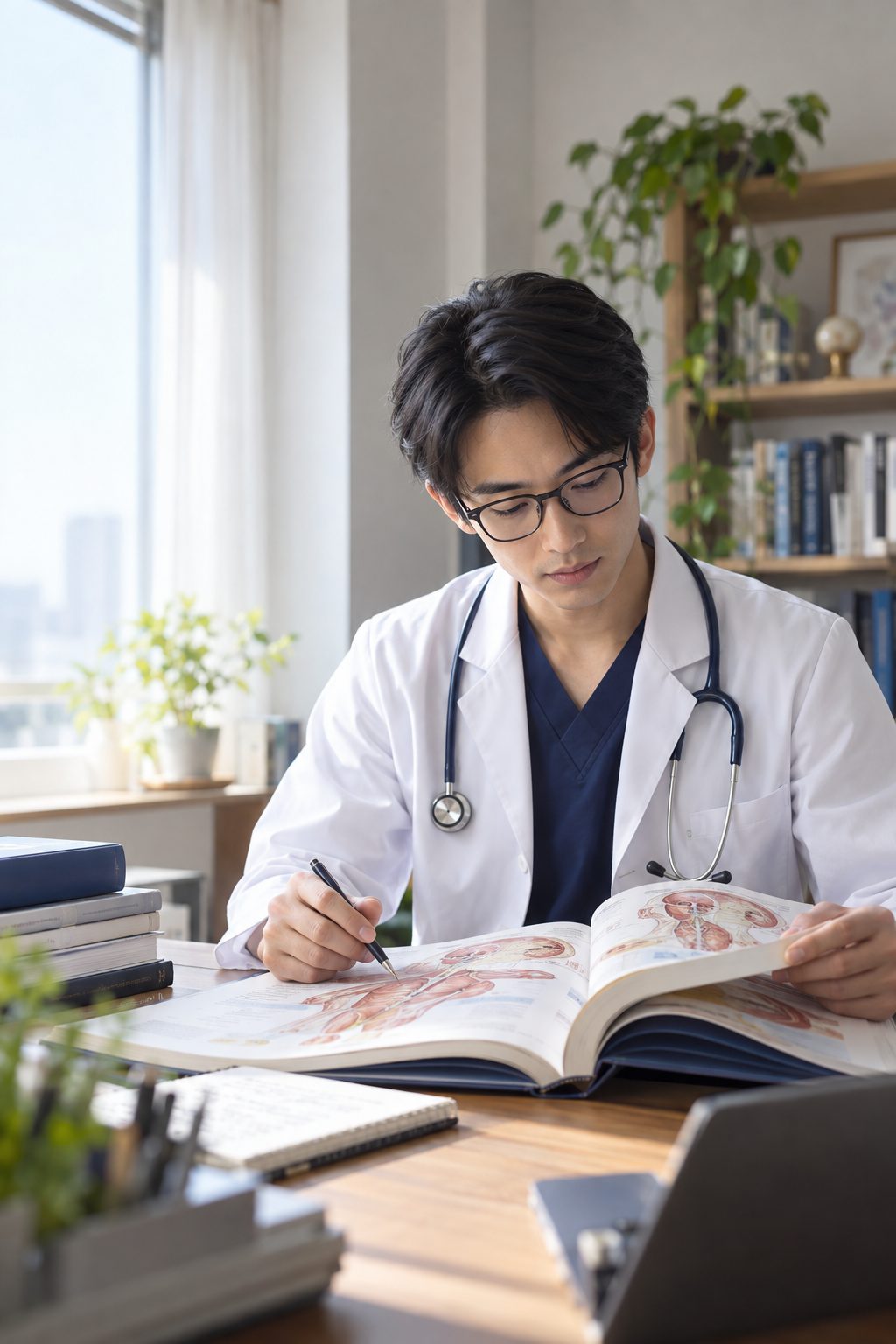 解剖学の図譜を開いて学習する医学部生
