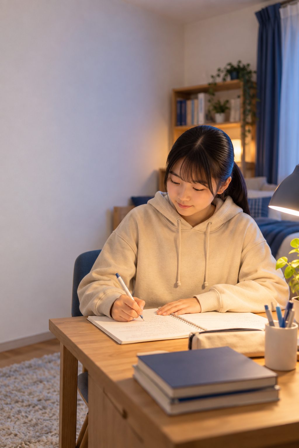 夜、机のライトの下でノートに向かい勉強する中学生