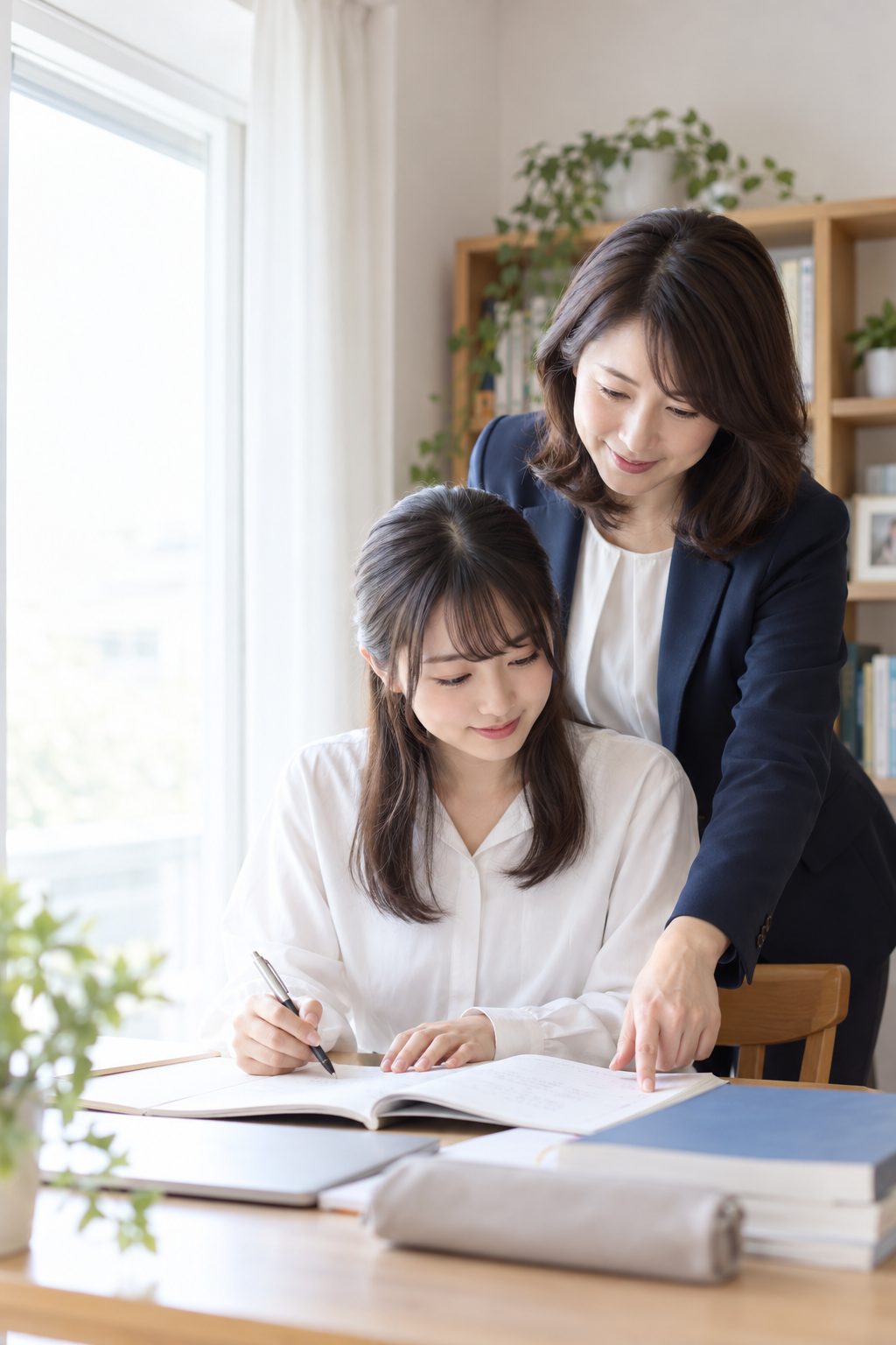 大学生のノートを一緒に見ながら指導するプロ教師