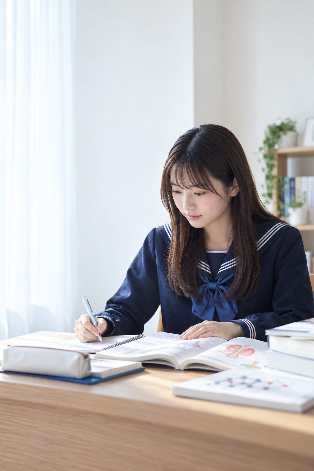 机で生物・化学の勉強に取り組む高校生