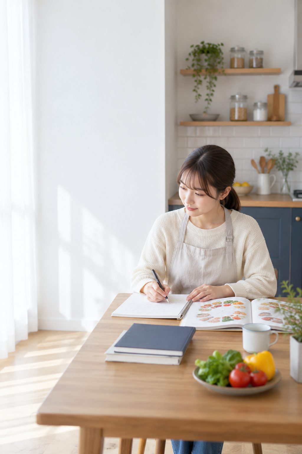 栄養学のノートと食品群の表を前に学習する管理栄養士国試の受験生
