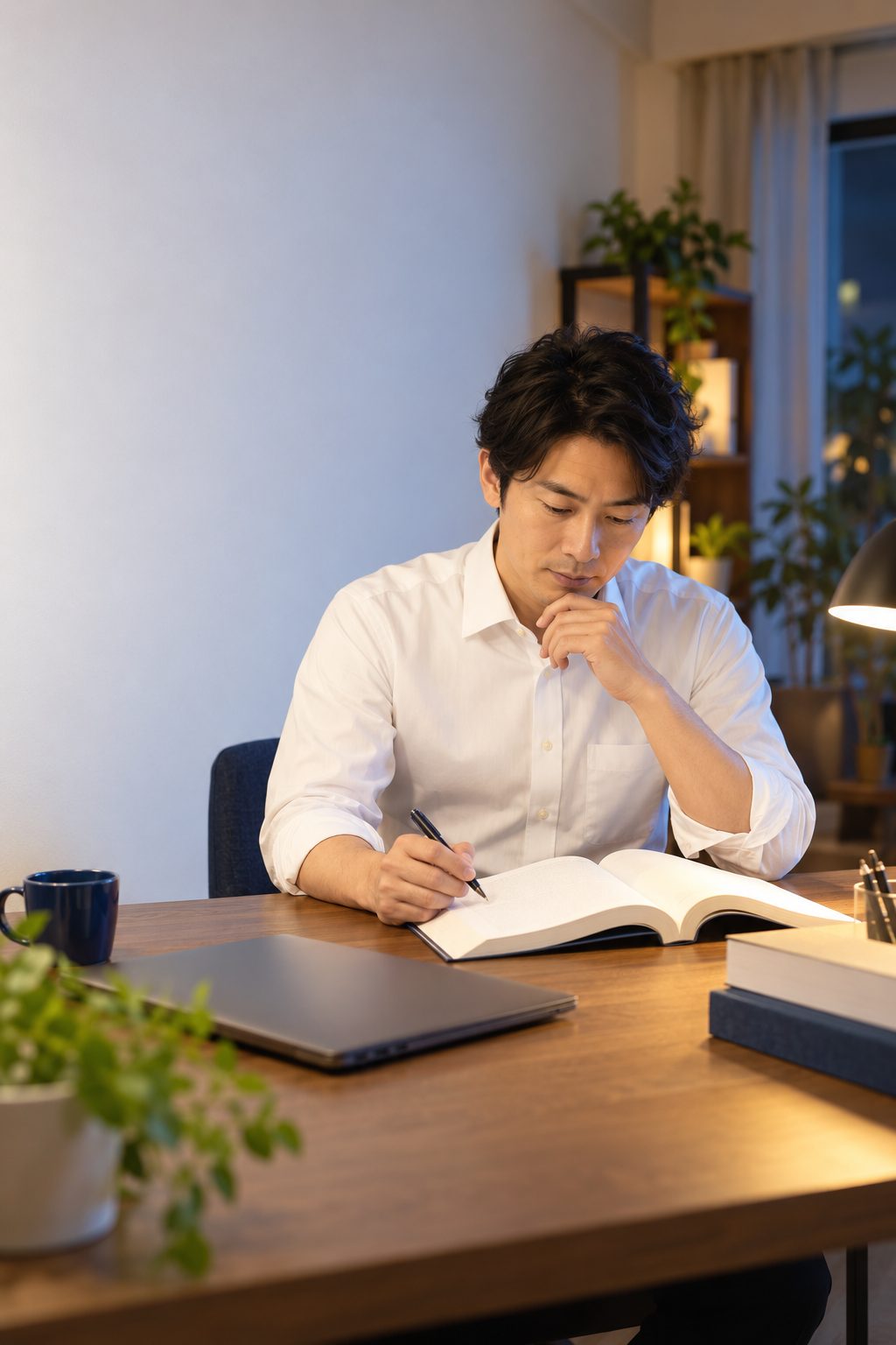 夜、自宅の机で法律の教科書を読み行政書士試験の勉強をする社会人
