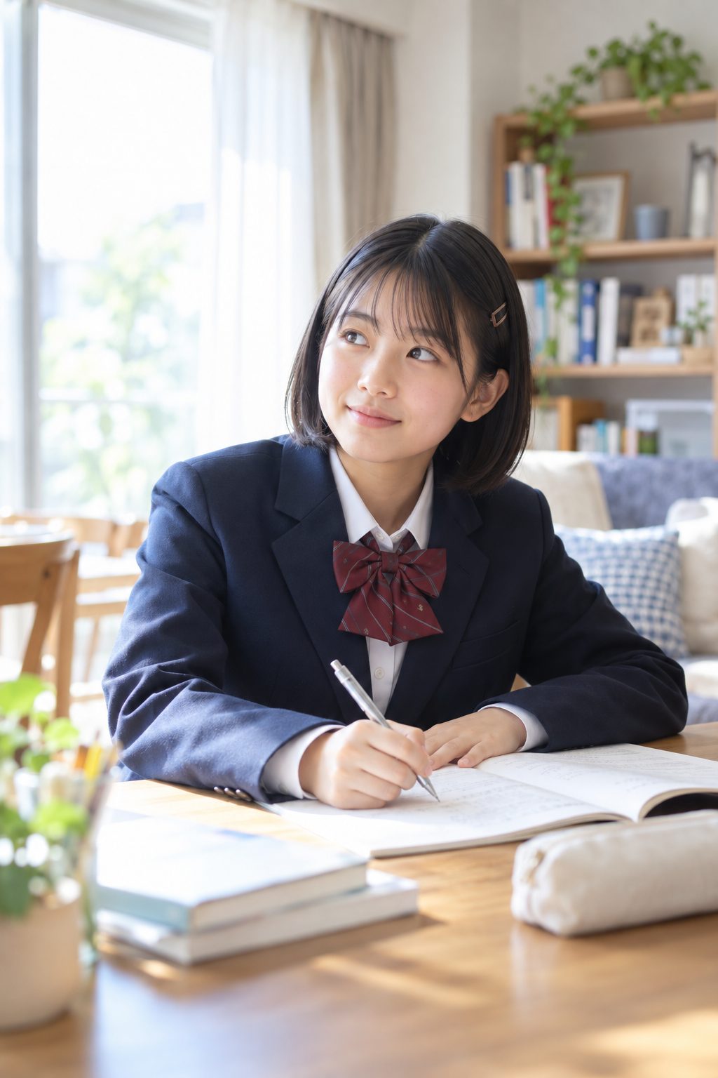 リビングの机で数学の宿題に取り組む中学生