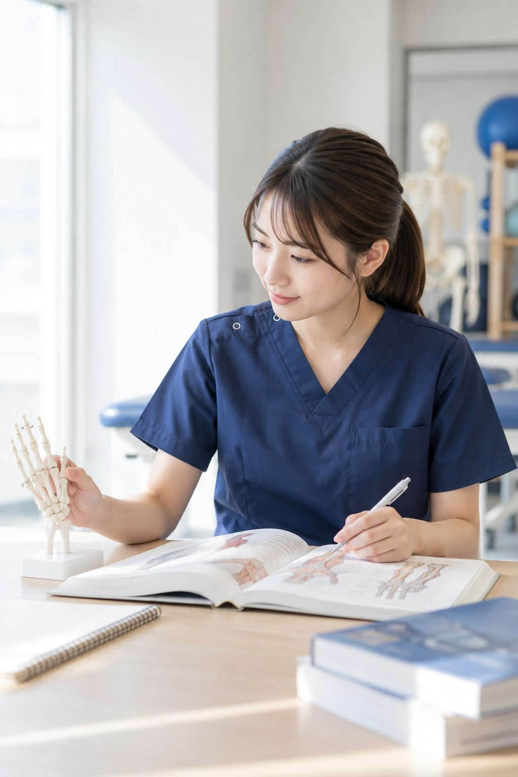 解剖生理の教科書と骨格の手の模型を前に学習する柔道整復師の学生