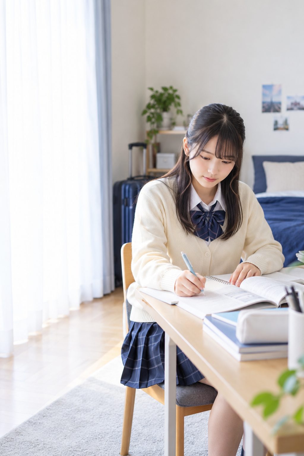 上京して一人暮らしの部屋で受験問題集に取り組む高校生