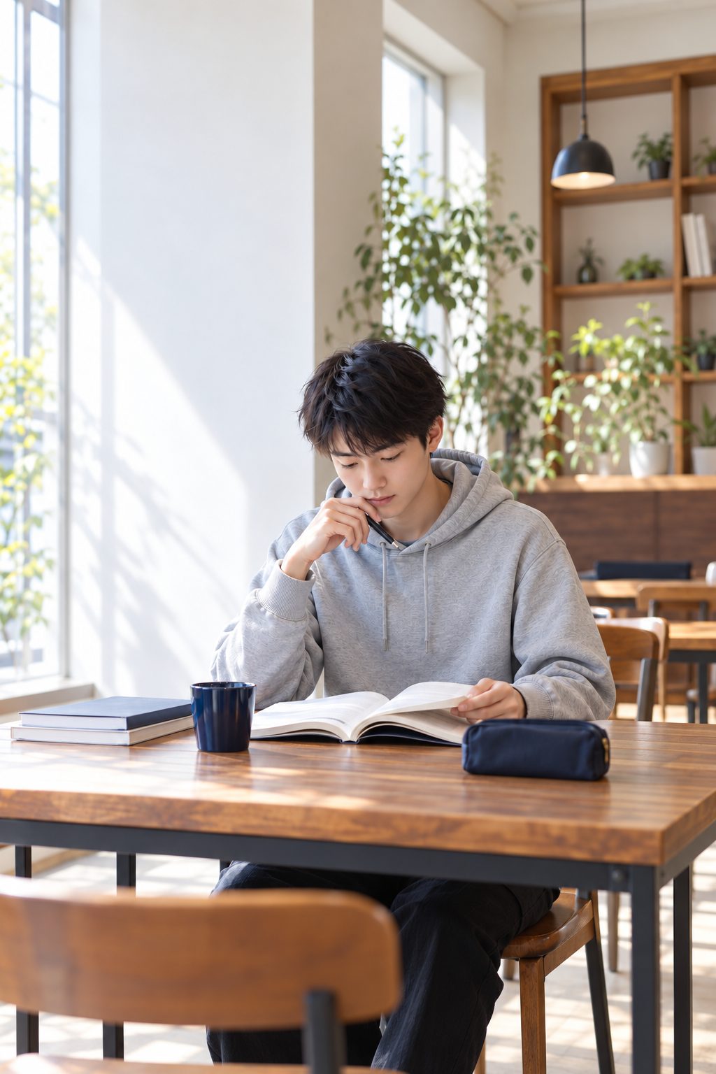 カフェのような木の机で英語の長文演習に取り組む高校生