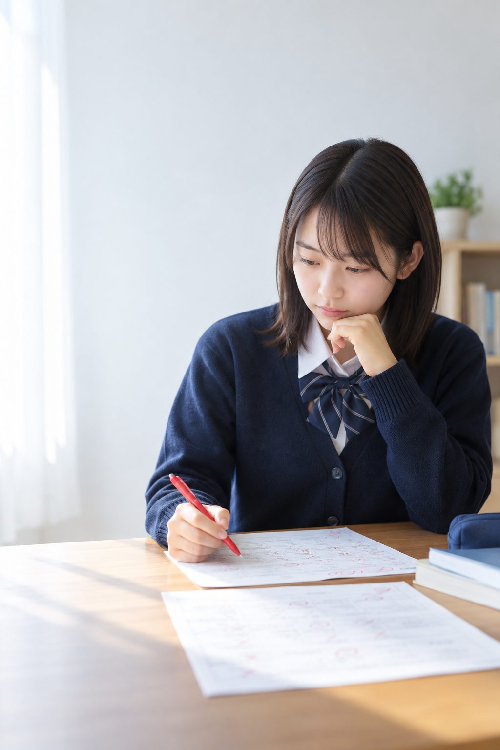 模試の結果を見直し赤ペンで間違いを分析する高校生