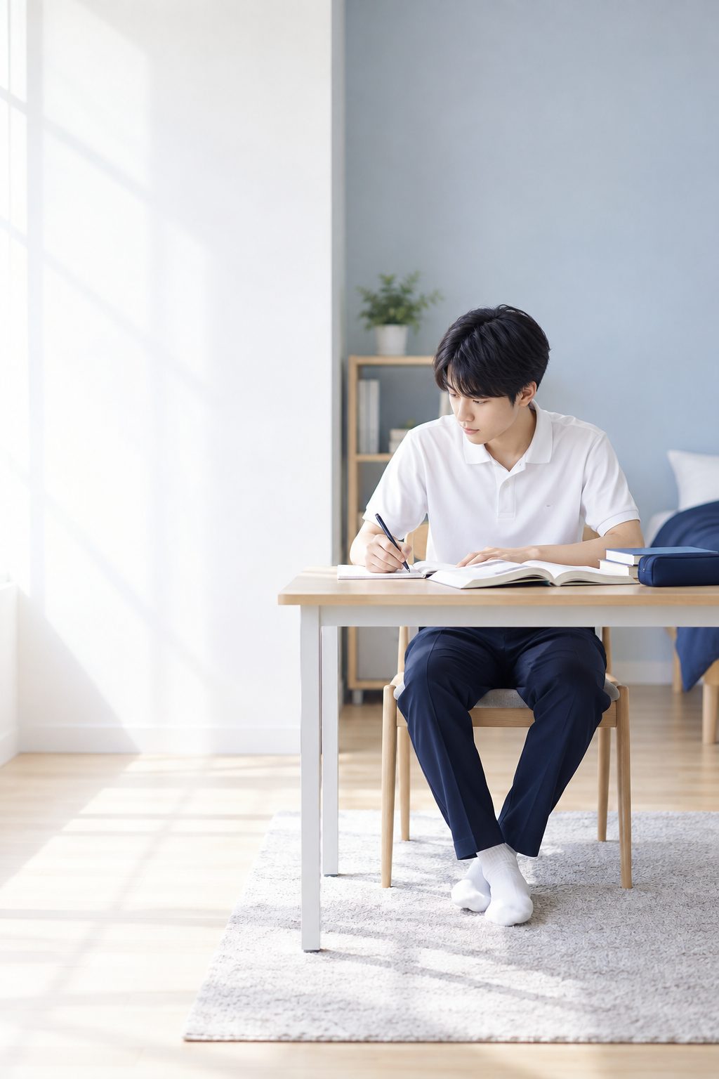 明るい部屋で標準レベルの問題集を解く高校生