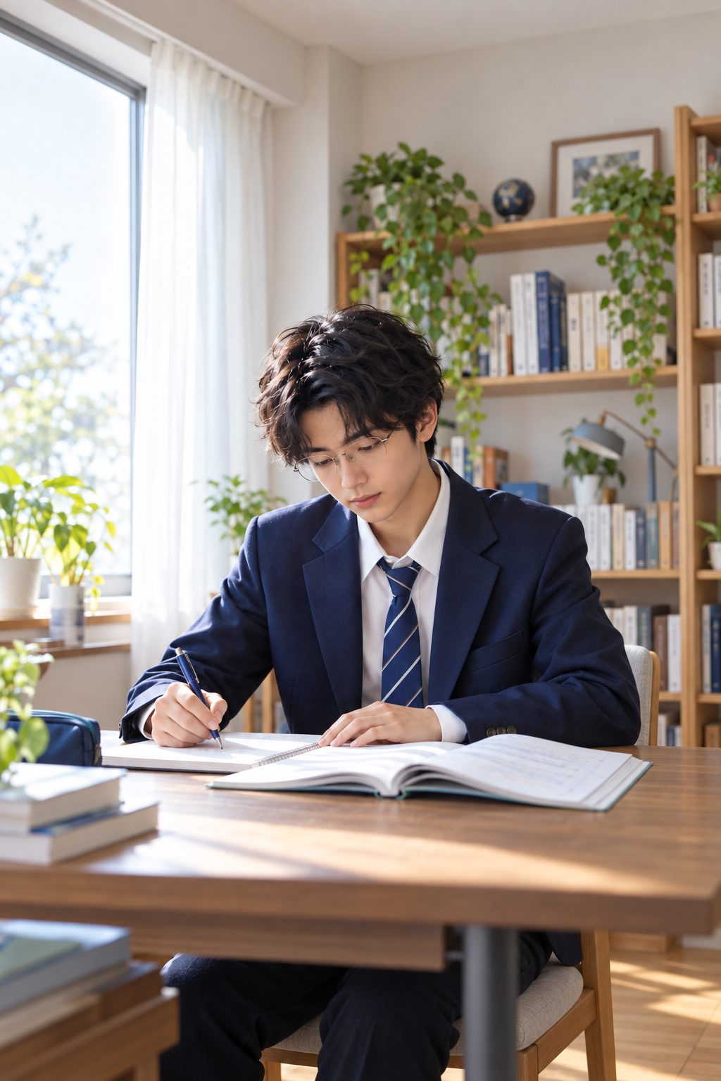 机に向かい大学受験の勉強に取り組む高校生