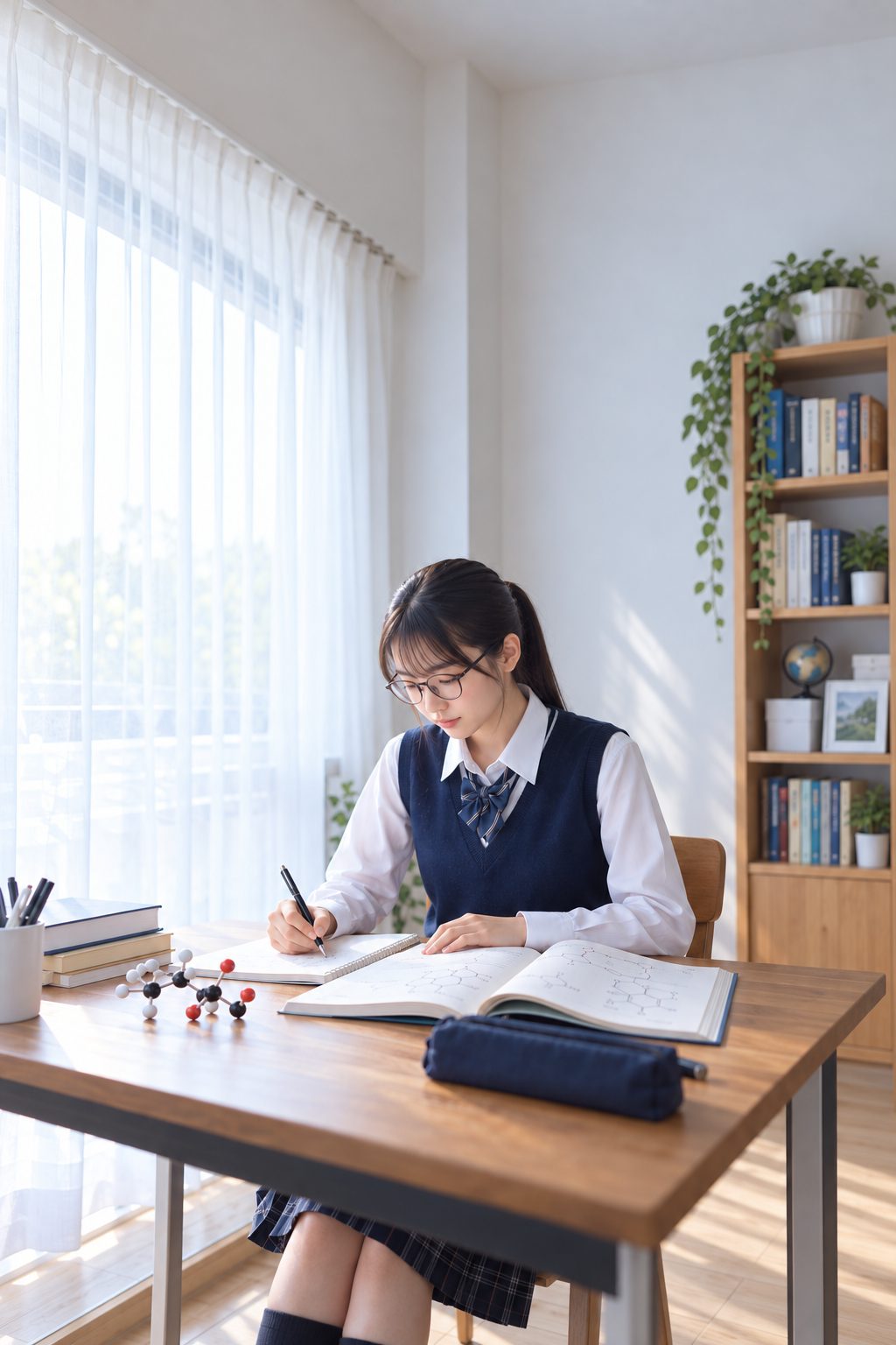 分子模型のそばで有機化学の構造式を学習する高校生