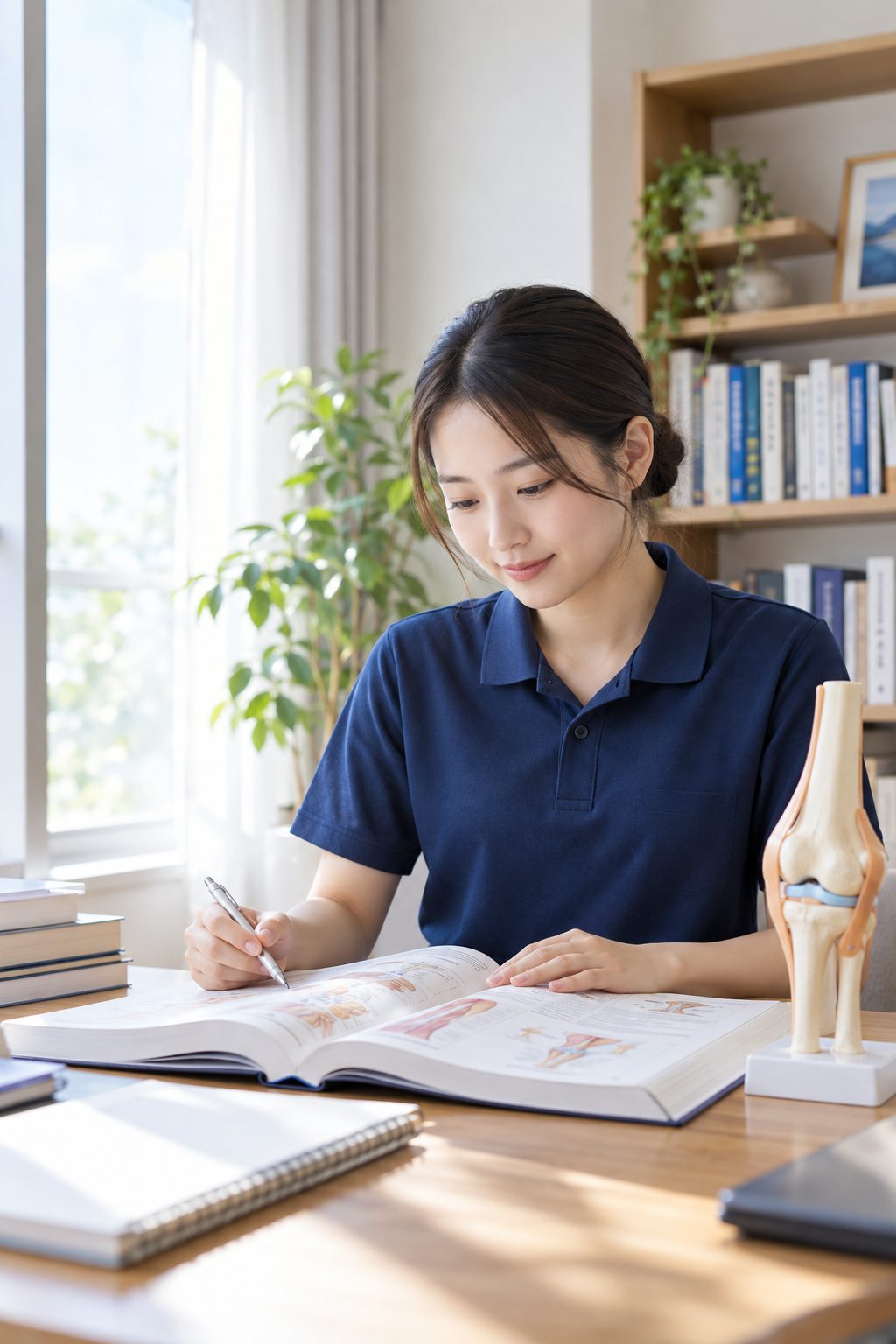 運動学の教科書と膝関節の模型を前に学習する理学療法士の学生
