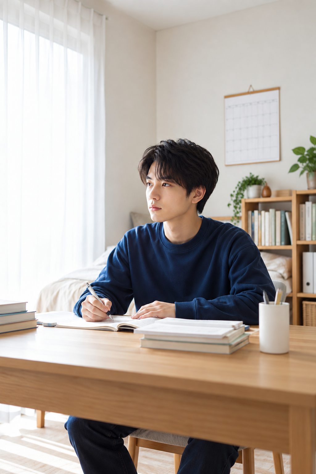 静かな部屋で大学受験に向けて机に向かう浪人生