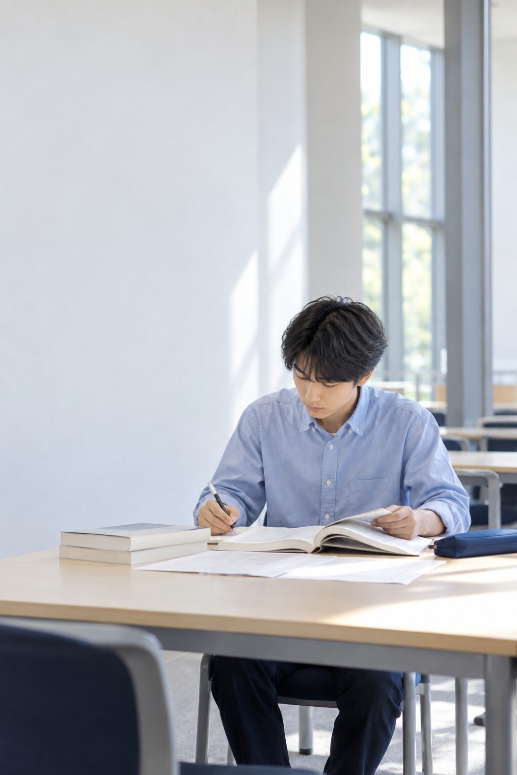 大学の教科書と過去問を広げて単位取得に向けて学習する学生