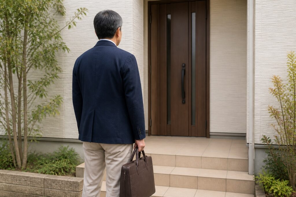 生徒宅の玄関前で資料鞄を持つ講師