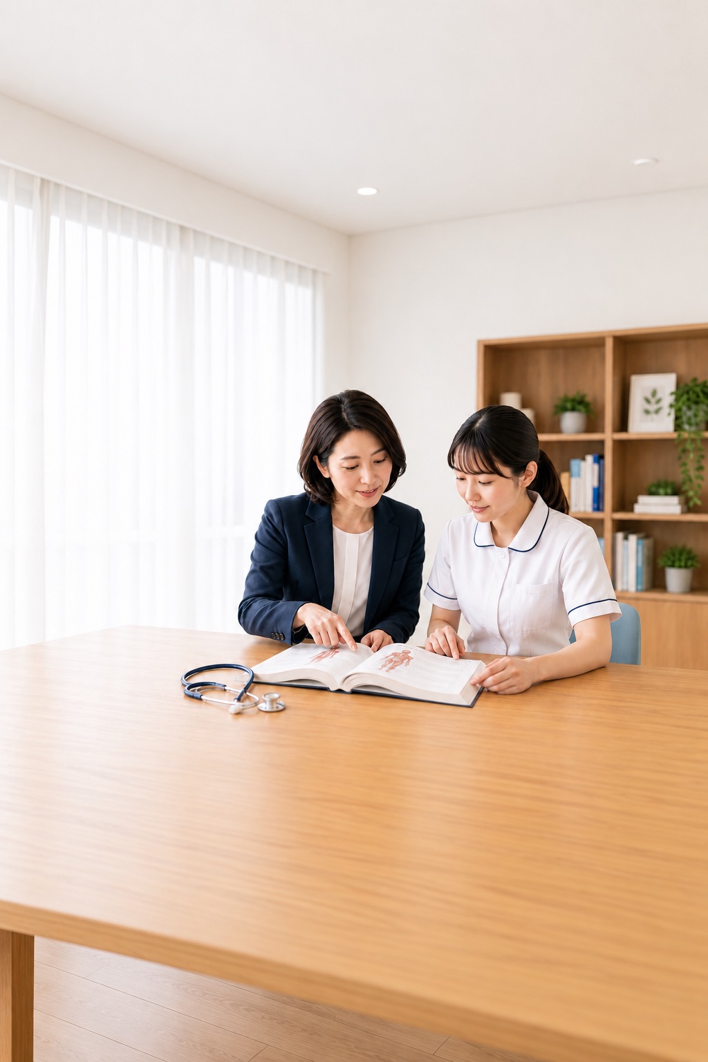 女性の家庭教師と看護学生が、聴診器を置いた机で看護の教科書を一緒に見ている様子