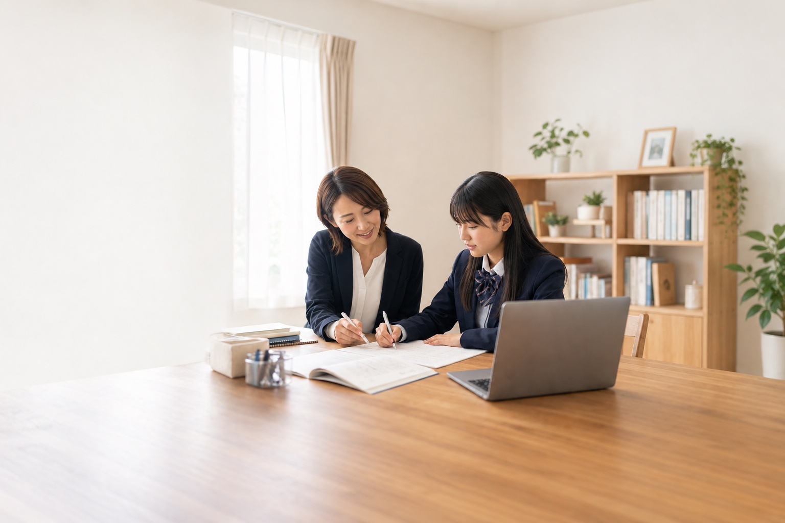家庭教師が生徒と机に向かい、ノートを見ながら一対一で指導している様子